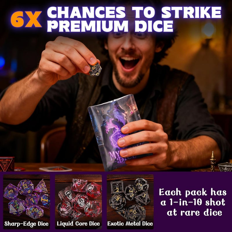 BiiSaa DND Mystery Dice Bundle – 6 Blind Bags w/ 7 Polyhedral RPG Dice, 4 Metal Coins, Enamel Pin & Velvet Bag Each – 1 in 10 to Get Premium Set – Gift for TTRPG Players, DMS & Dice Goblins (6 Packs Set) - Image 3
